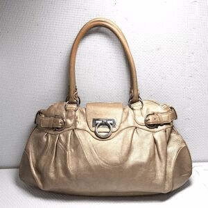 Authentic Salvatore Ferragamo Golden Tan Metallic Leather Handbag / Shoulder Bag